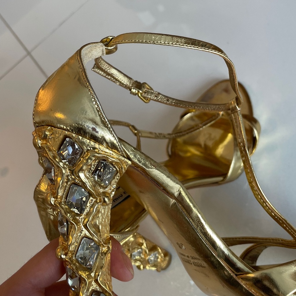 Gold Strappy High-Heel Sandals with Decorative Heel - Picture 5 of 8